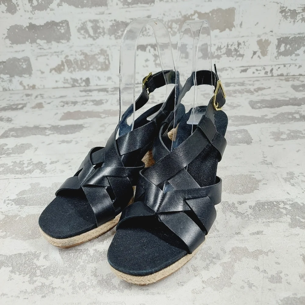 NEW Cole Haan Crystal Black Leather Buckle Sling Back Summer Wedge Sandals M511